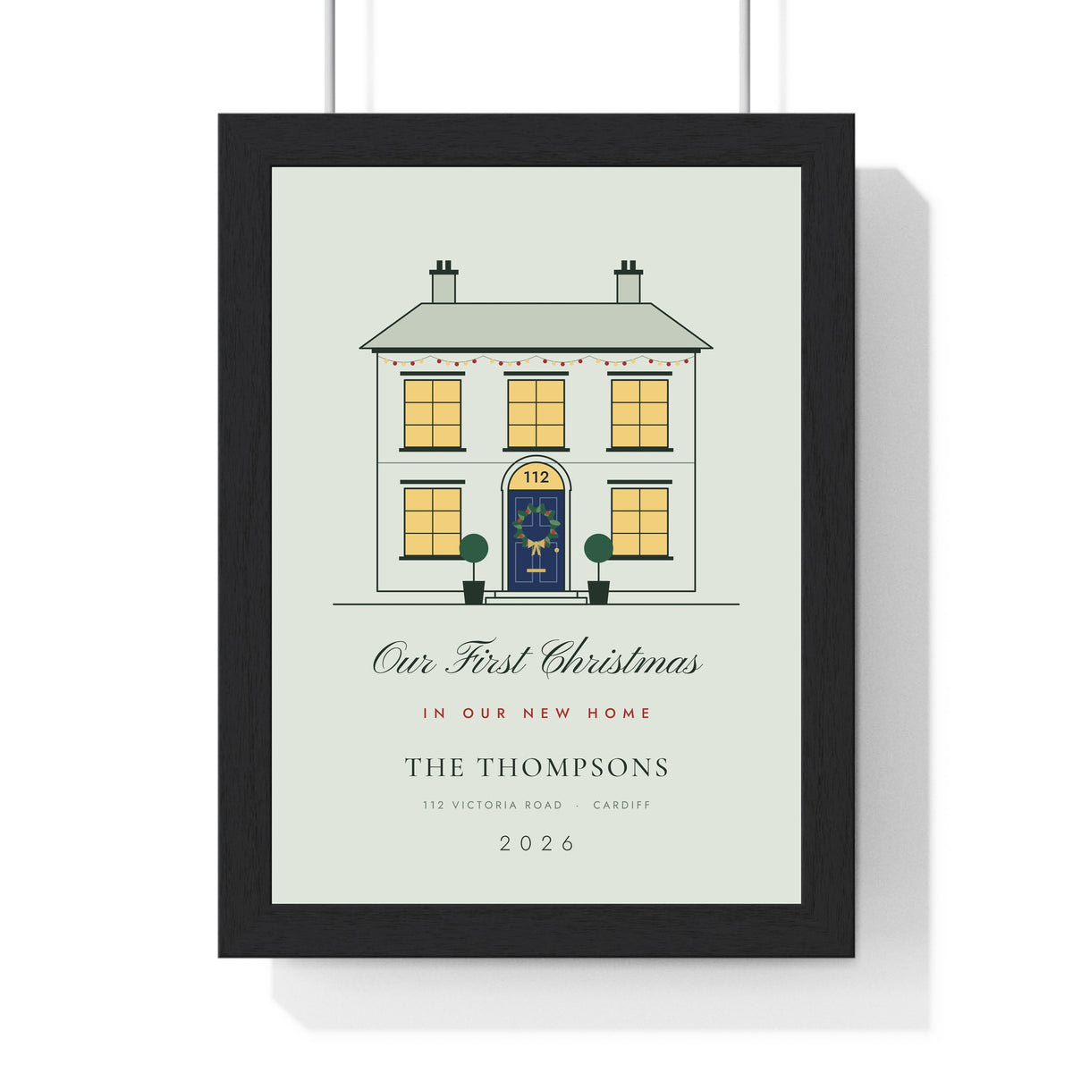 Personalised Christmas New Home Print - framed sage family version with navy door