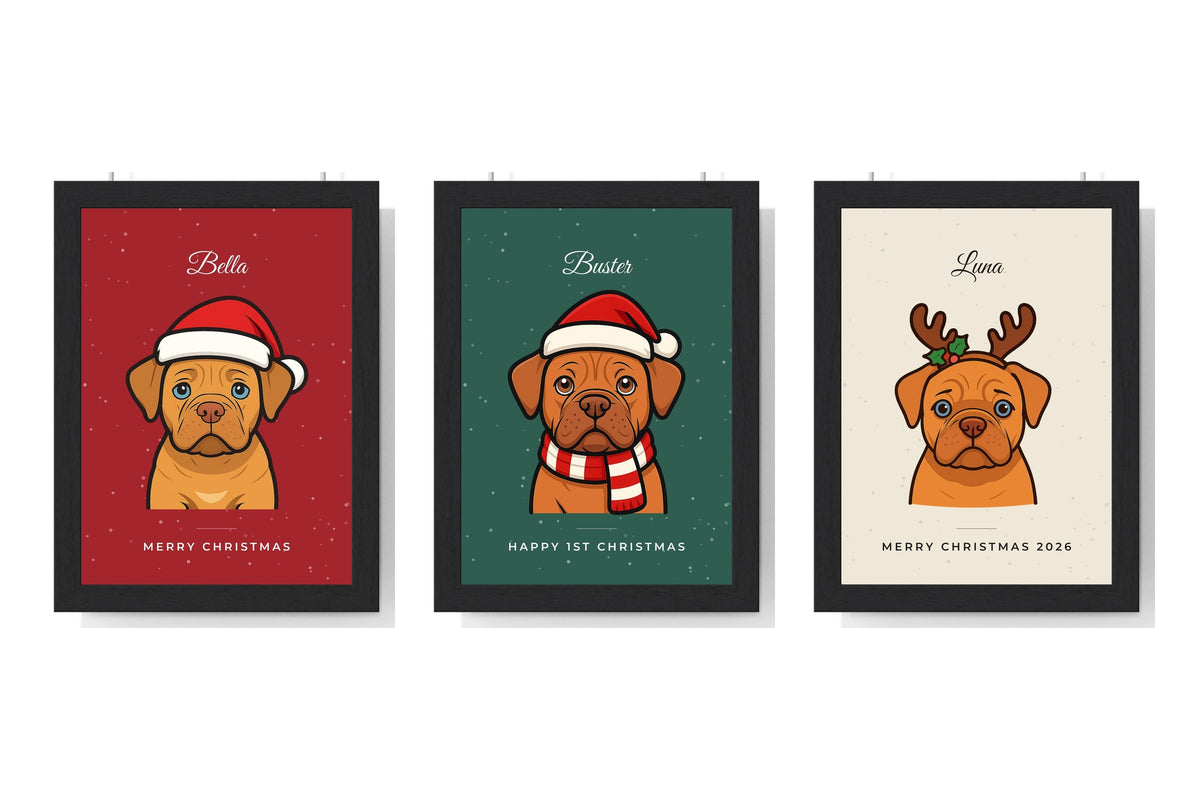 Three framed personalised Christmas pet portraits showing the Santa hat, hat and scarf, and reindeer antler styles