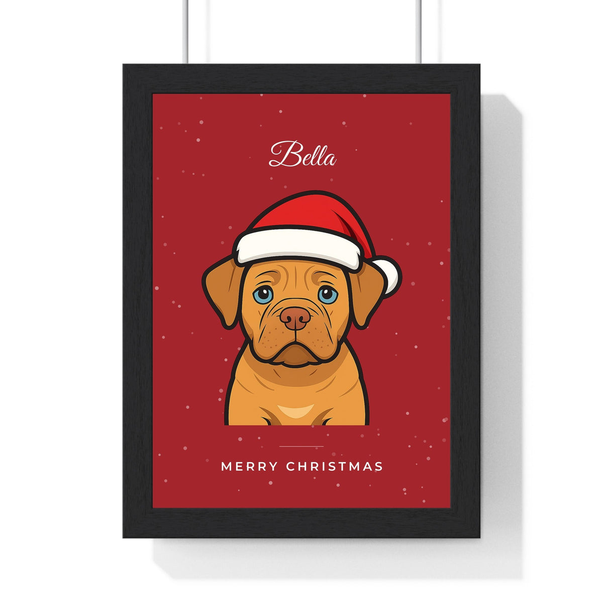 Personalised Christmas pet portrait print in a black frame - cartoon dog in a Santa hat on red with the name Bella