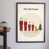 Personalised Christmas Pyjamas Family Portrait Print - Christmas pyjamas family portrait print on the living room wall