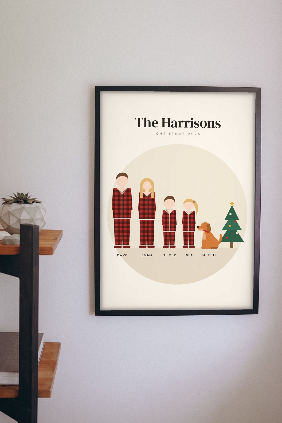 Personalised Christmas Pyjamas Family Portrait Print - Christmas pyjamas family portrait print on the living room wall