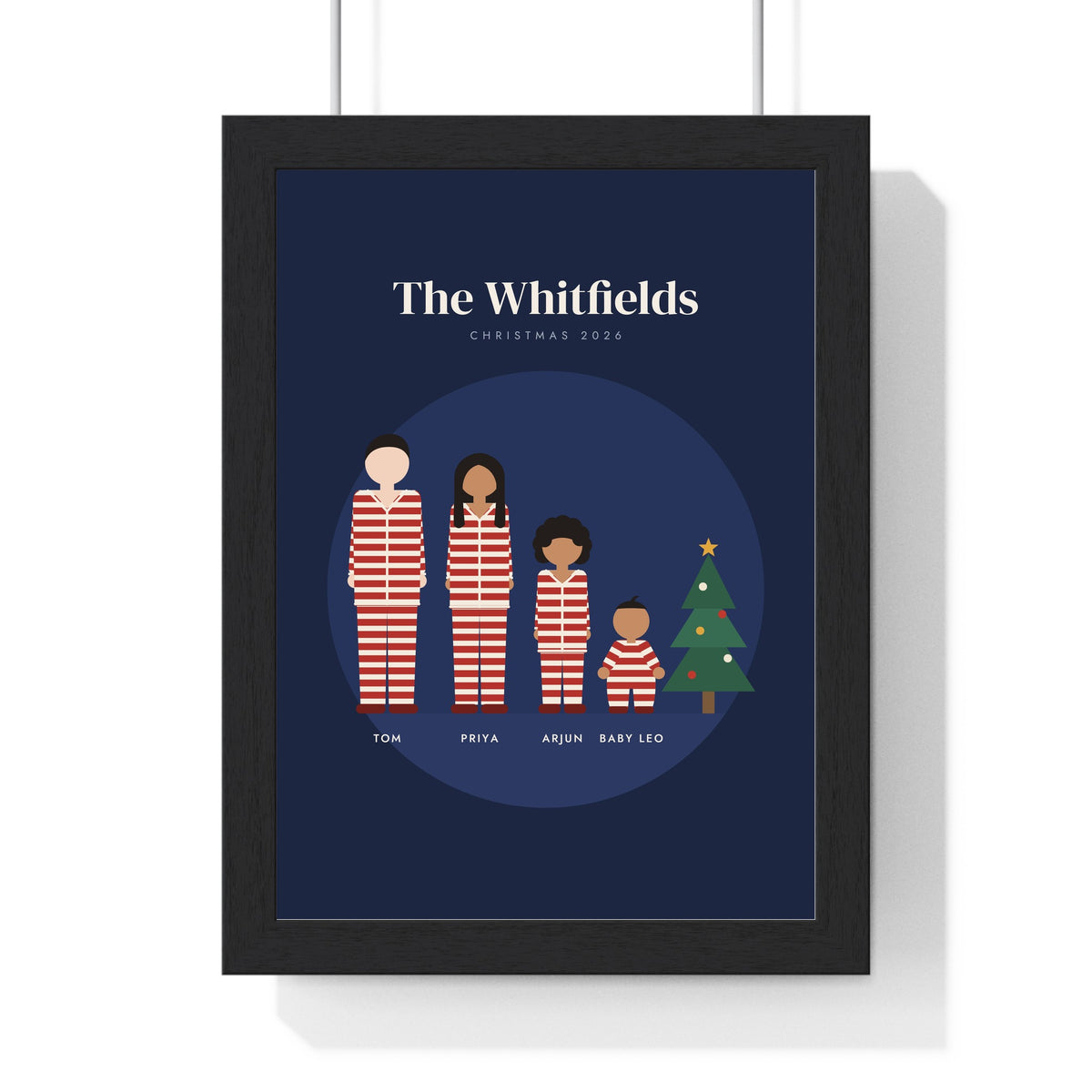 Personalised Christmas Pyjamas Family Portrait Print - framed navy version with a baby in a sleepsuit