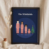 Personalised Christmas Pyjamas Family Portrait Print - navy version in red candy stripe pyjamas leaning on a shelf