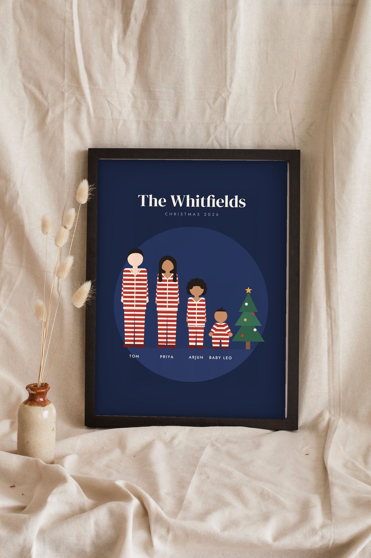 Personalised Christmas Pyjamas Family Portrait Print - navy version in red candy stripe pyjamas leaning on a shelf