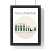 Personalised Christmas Pyjamas Family Portrait Print - framed white version, three generations in green fair isle pyjamas with a dog and cat