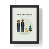 Personalised Christmas Pyjamas Family Portrait Print - framed sage version for a couple and their dog in navy check