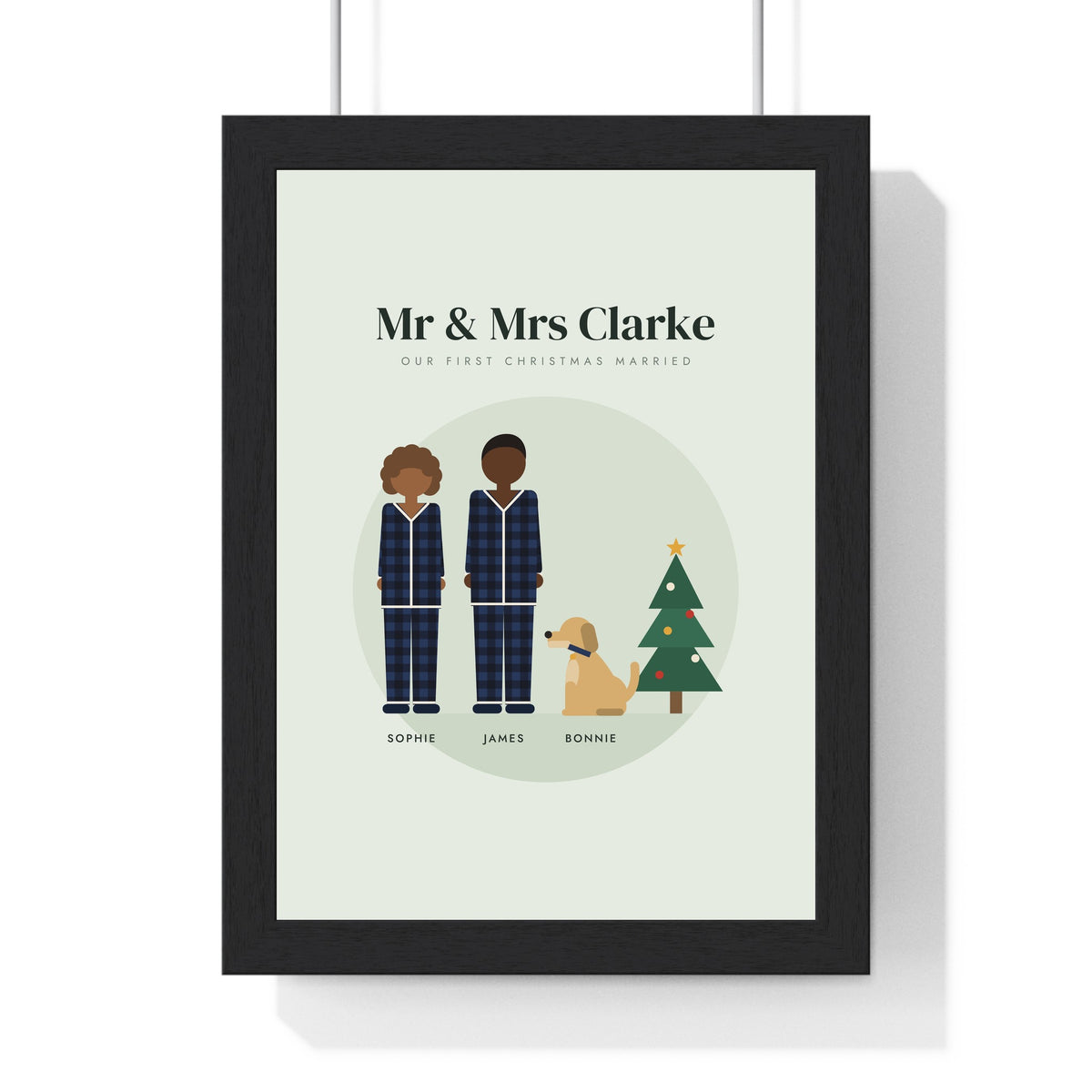 Personalised Christmas Pyjamas Family Portrait Print - framed sage version for a couple and their dog in navy check