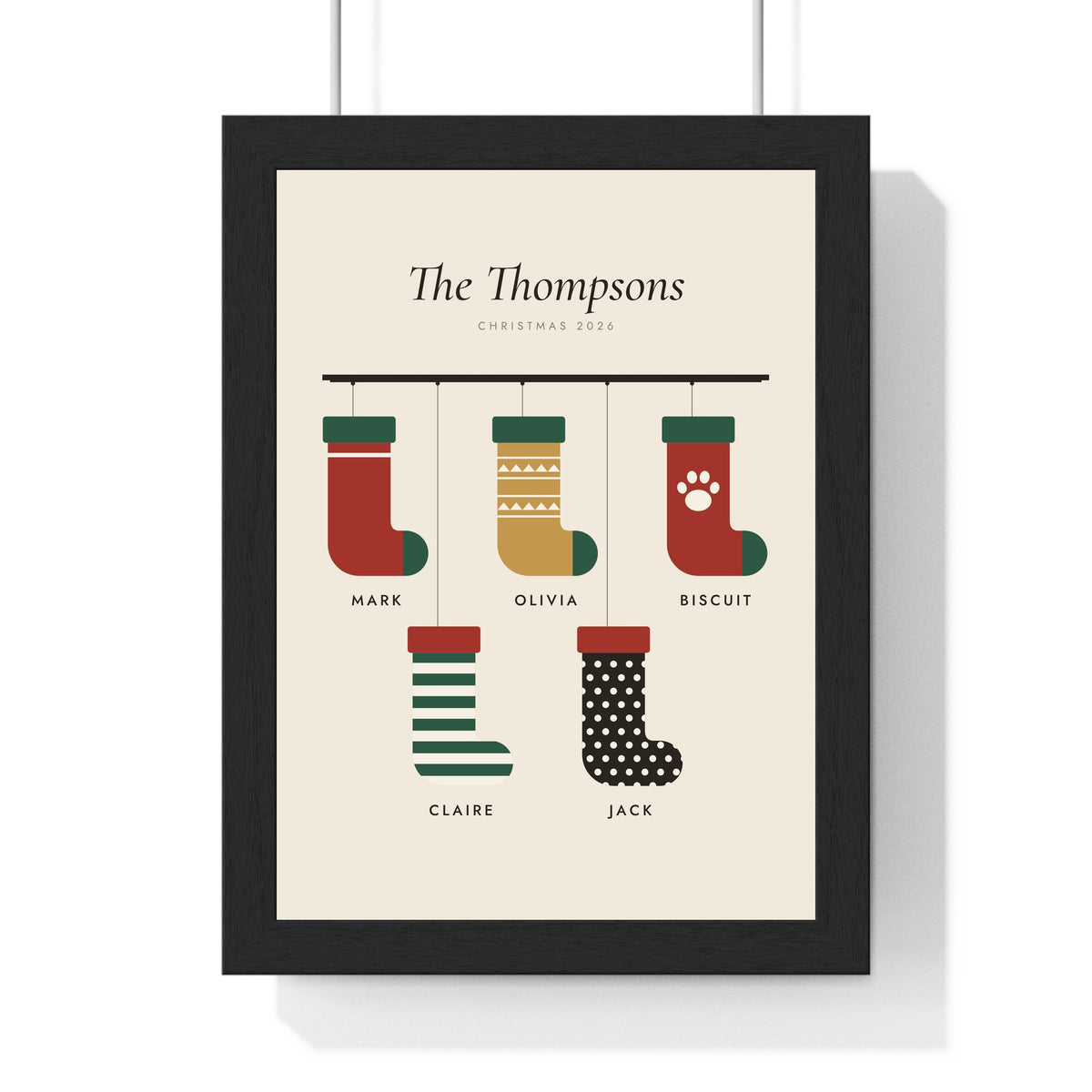 Personalised Christmas Stocking Print - framed cream Christmas stocking print with five family names