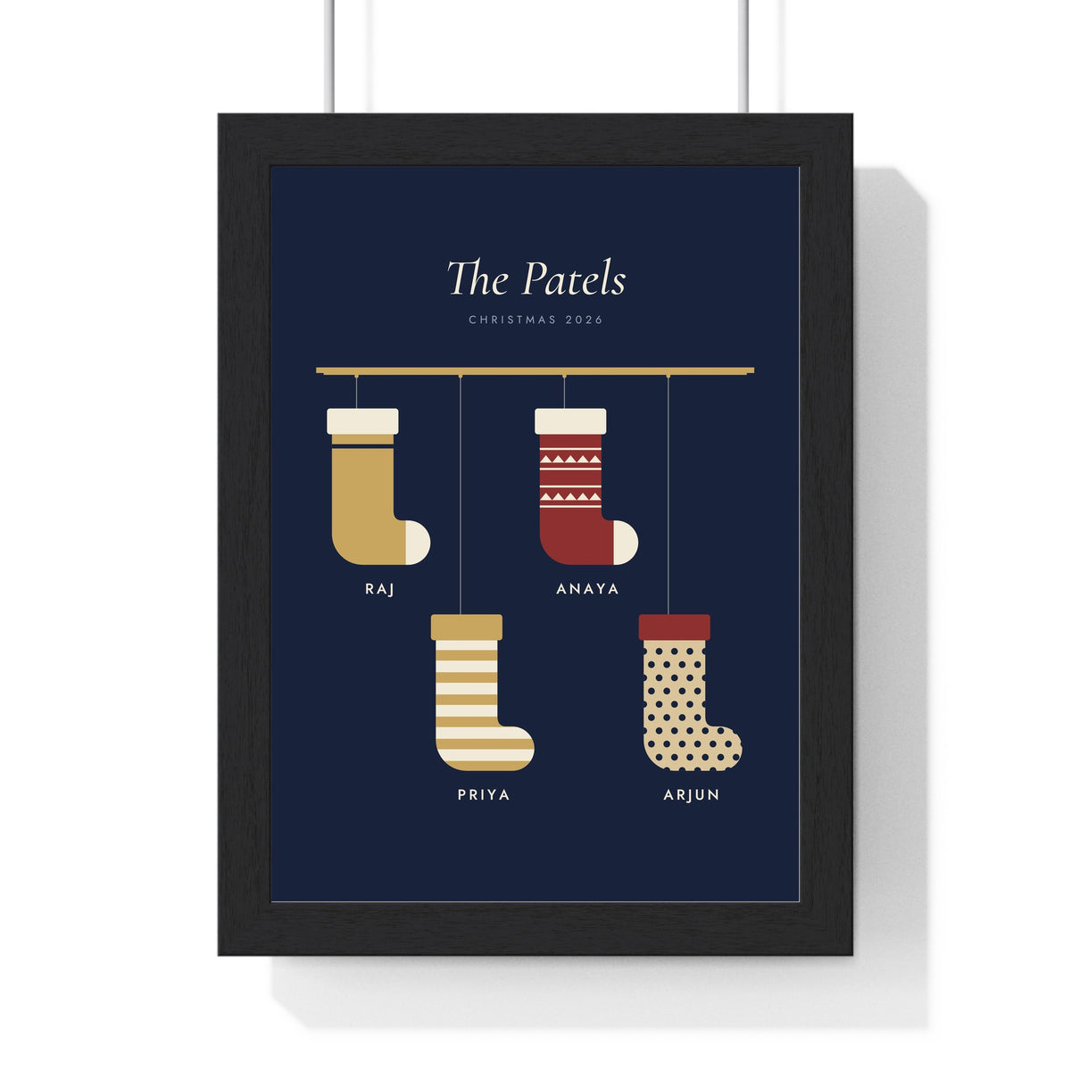 Personalised Christmas Stocking Print - framed navy and gold version with four stockings