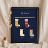 Personalised Christmas Stocking Print - navy and gold stocking print leaning on a shelf