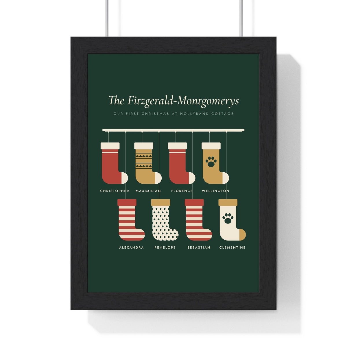 Personalised Christmas Stocking Print - framed forest green version with eight stockings and two pets