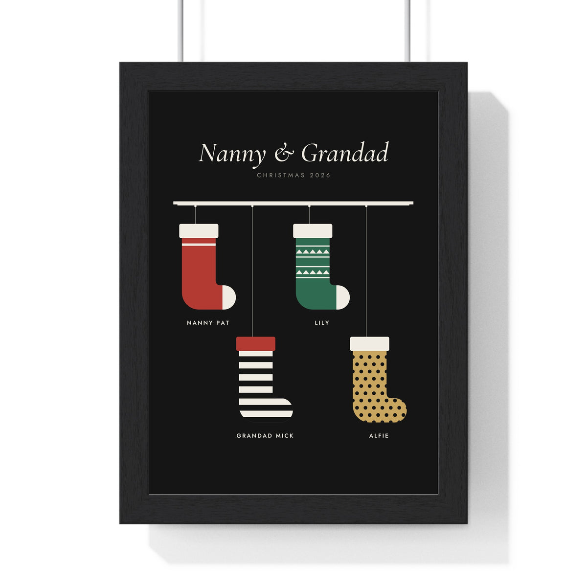 Personalised Christmas Stocking Print - framed black version for Nanny and Grandad