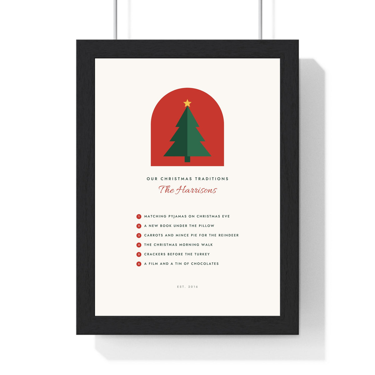 Personalised Christmas Traditions Print - framed snow and red print with six family traditions