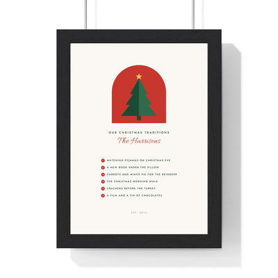 Personalised Christmas Traditions Print - framed snow and red print with six family traditions