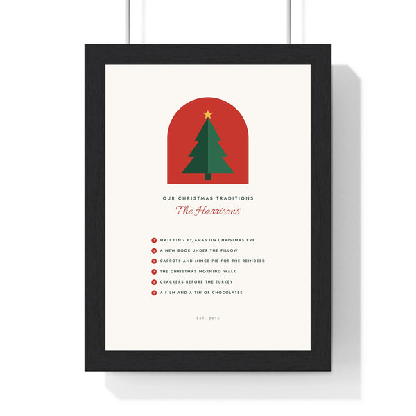 Personalised Christmas Traditions Print - framed snow and red print with six family traditions
