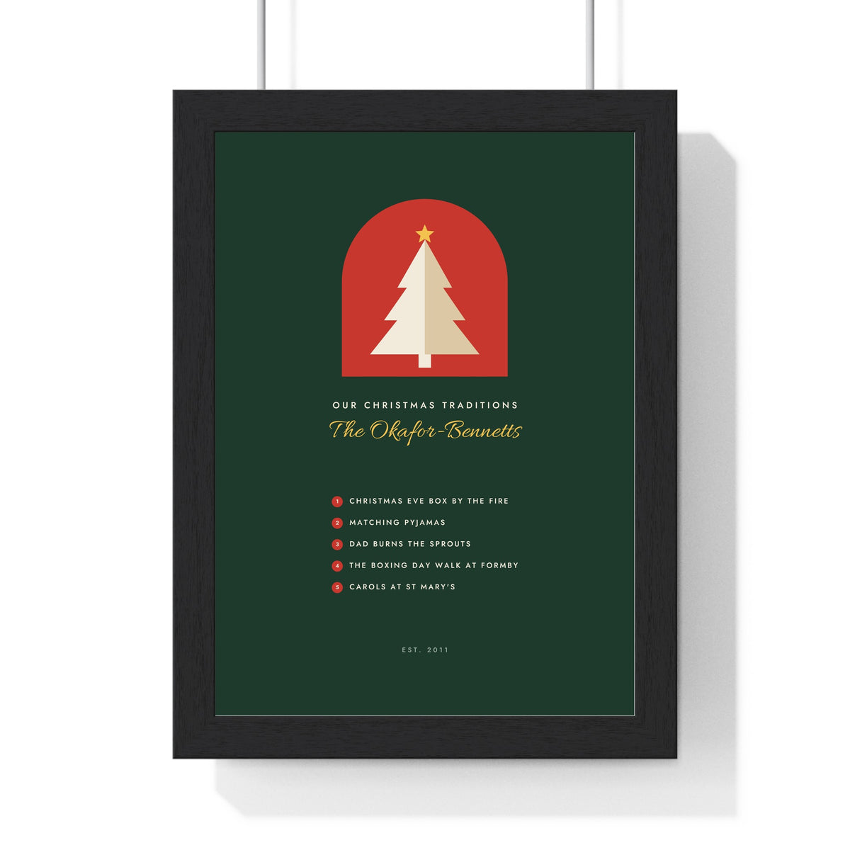 Personalised Christmas Traditions Print - framed forest green version