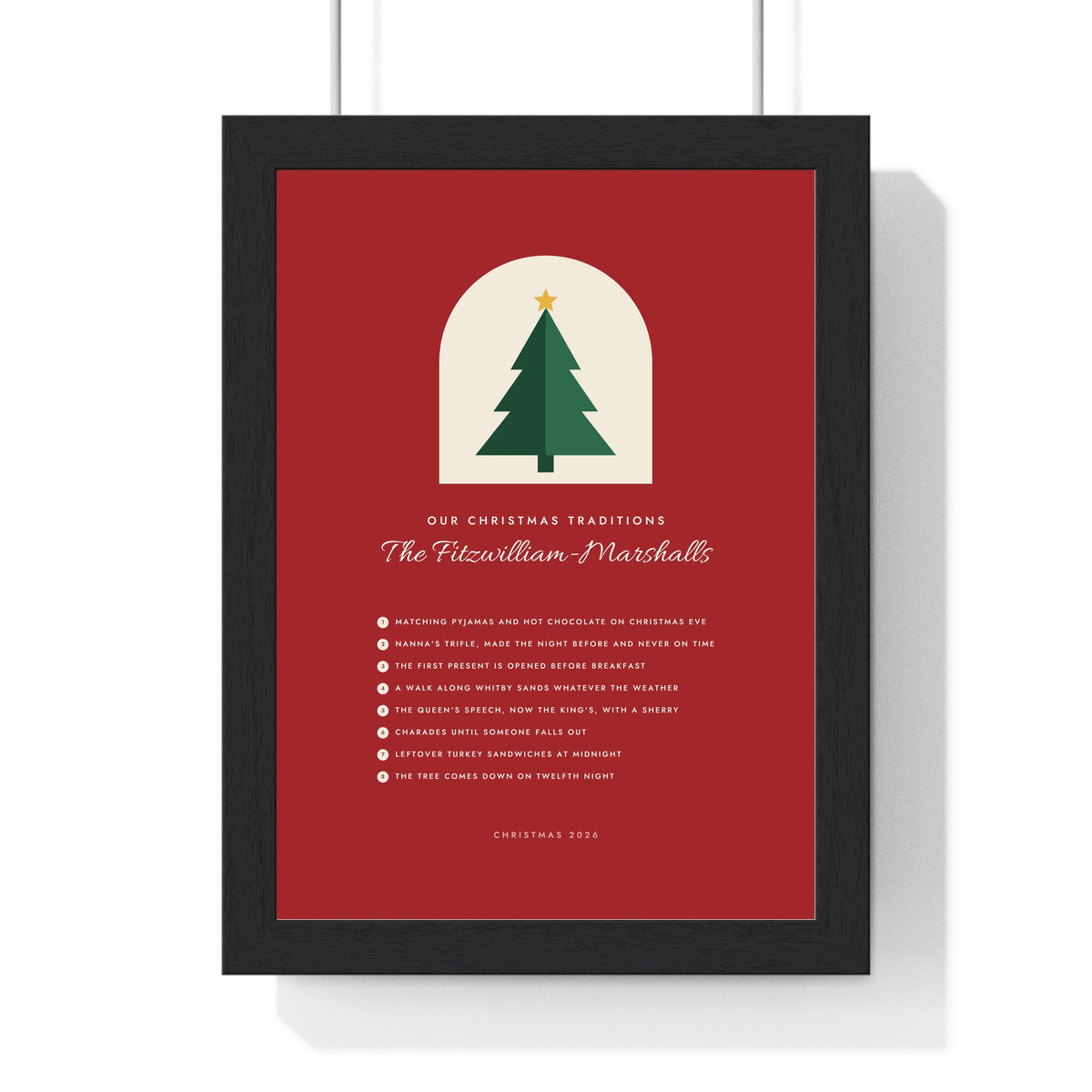 Personalised Christmas Traditions Print - framed Christmas red version with eight traditions