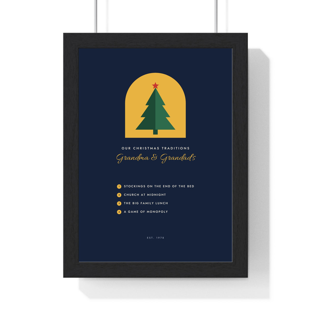 Personalised Christmas Traditions Print - framed navy grandparents version