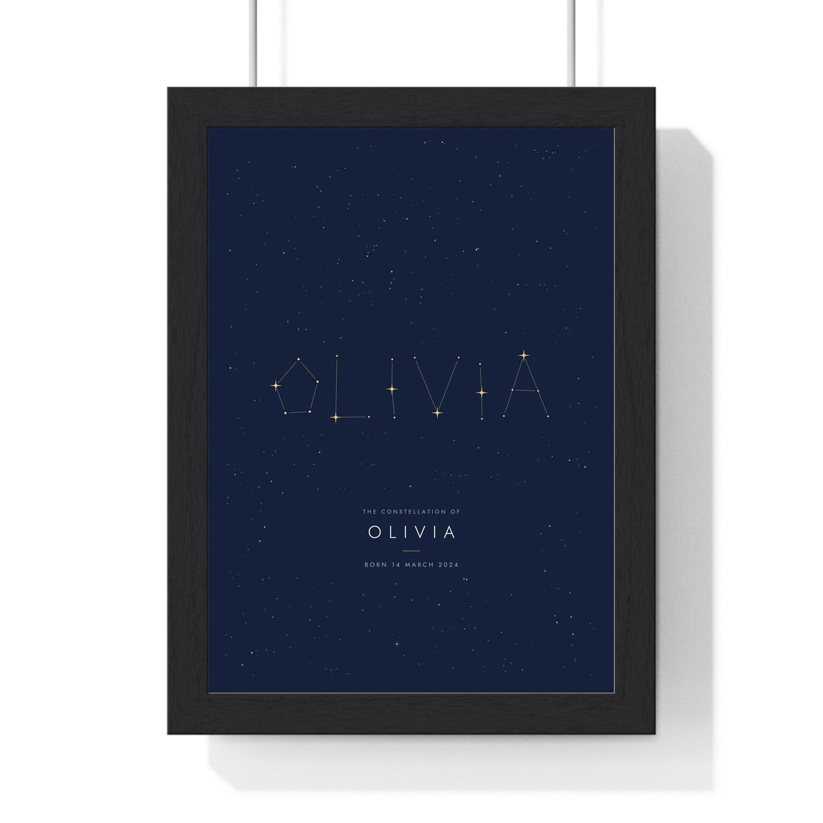 Personalised Constellation Name Print - framed navy and gold Olivia constellation