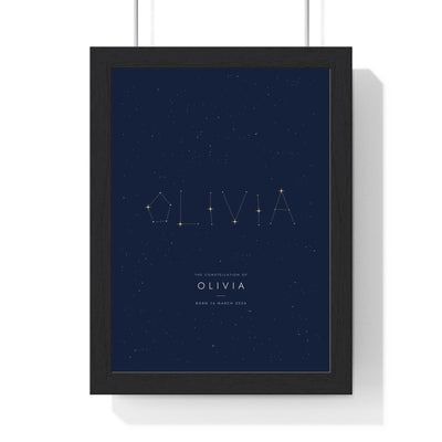 Personalised Constellation Name Print - framed navy and gold Olivia constellation