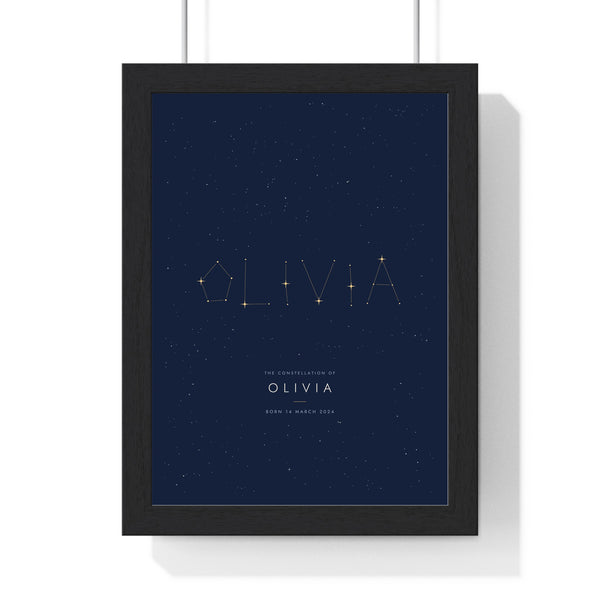 Personalised Constellation Name Print - framed navy and gold Olivia constellation