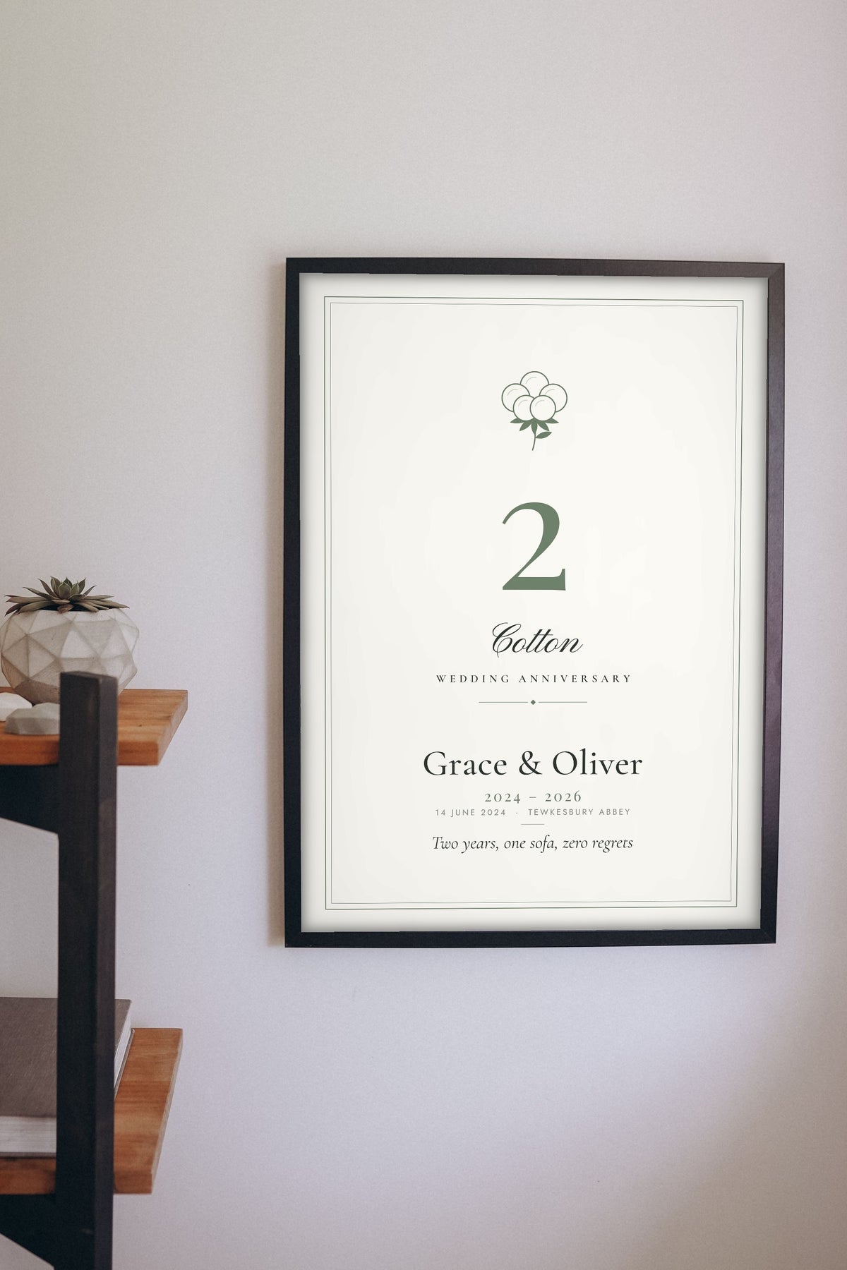Personalised Cotton Anniversary Print - hanging on a living room wall
