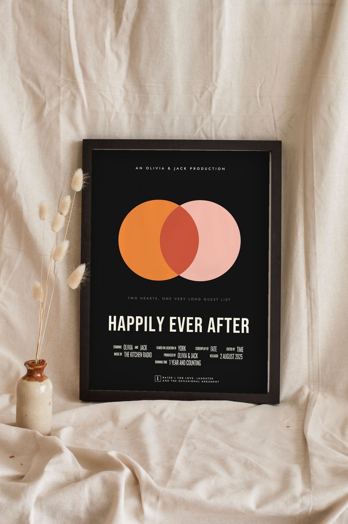 Personalised Couple Movie Poster Print - black Happily Ever After wedding film poster