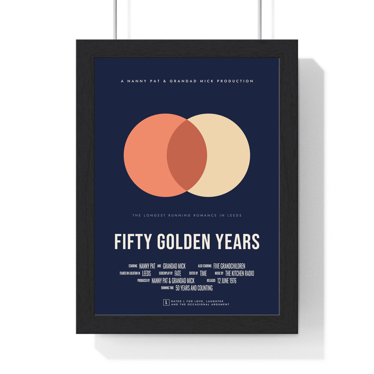 Personalised Couple Movie Poster Print - framed navy golden anniversary version