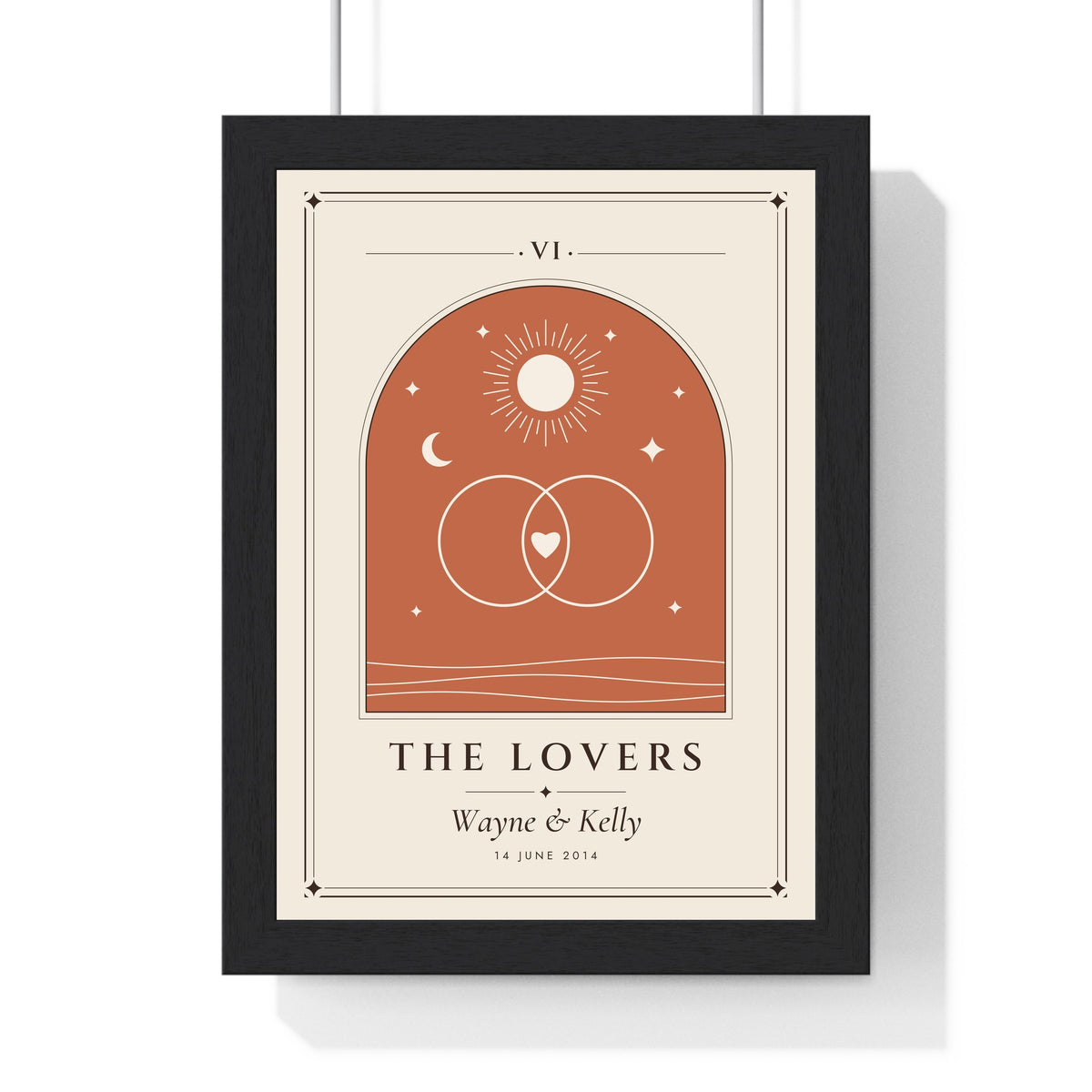 Personalised Couple Tarot Card Print - framed cream The Lovers tarot card print with names