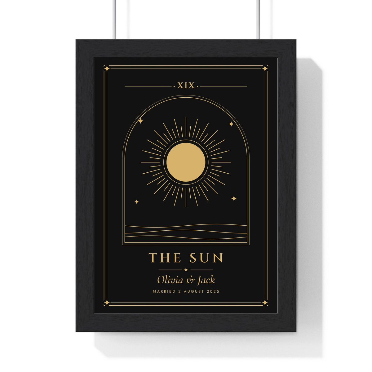 Personalised Couple Tarot Card Print - framed black and gold The Sun version
