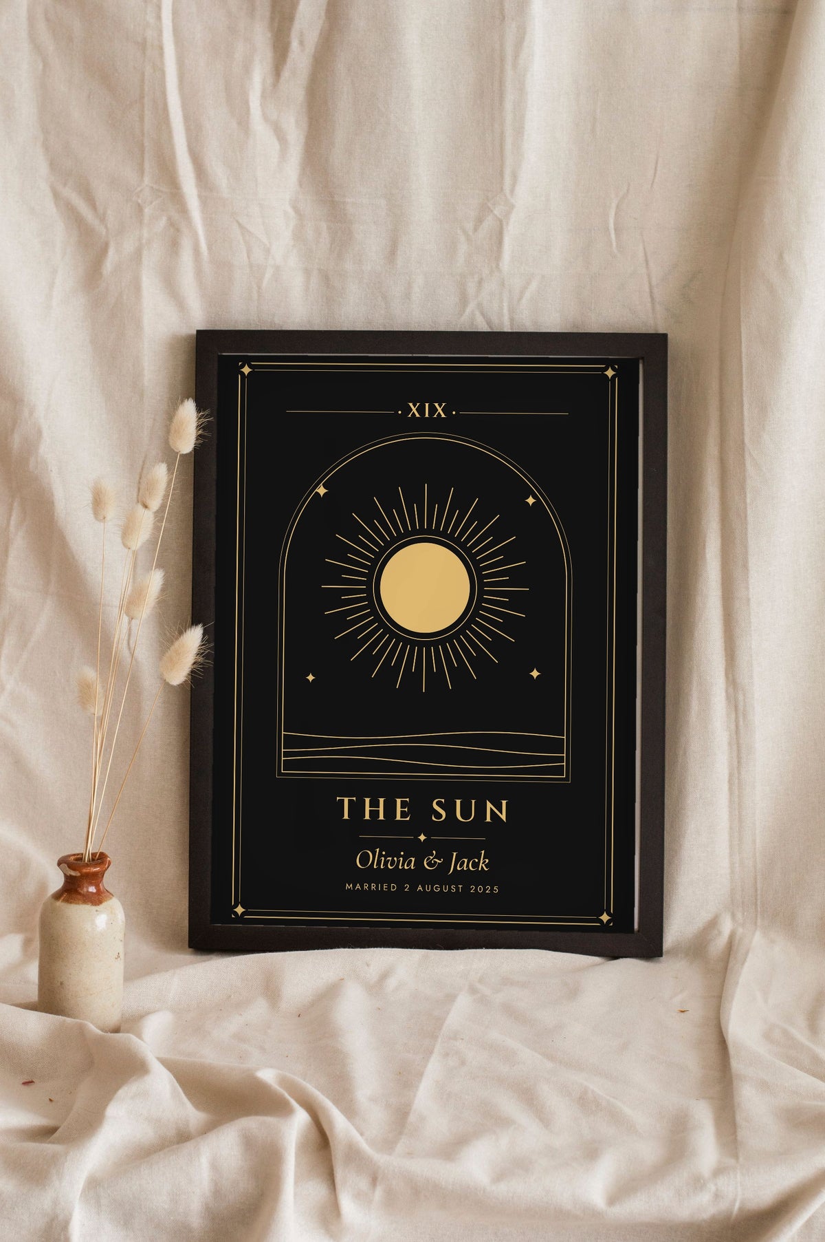 Personalised Couple Tarot Card Print - black and gold The Sun tarot card print