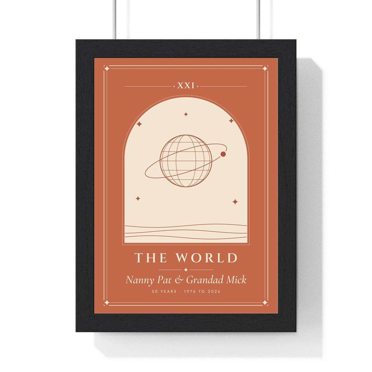 Personalised Couple Tarot Card Print - framed terracotta The World anniversary version