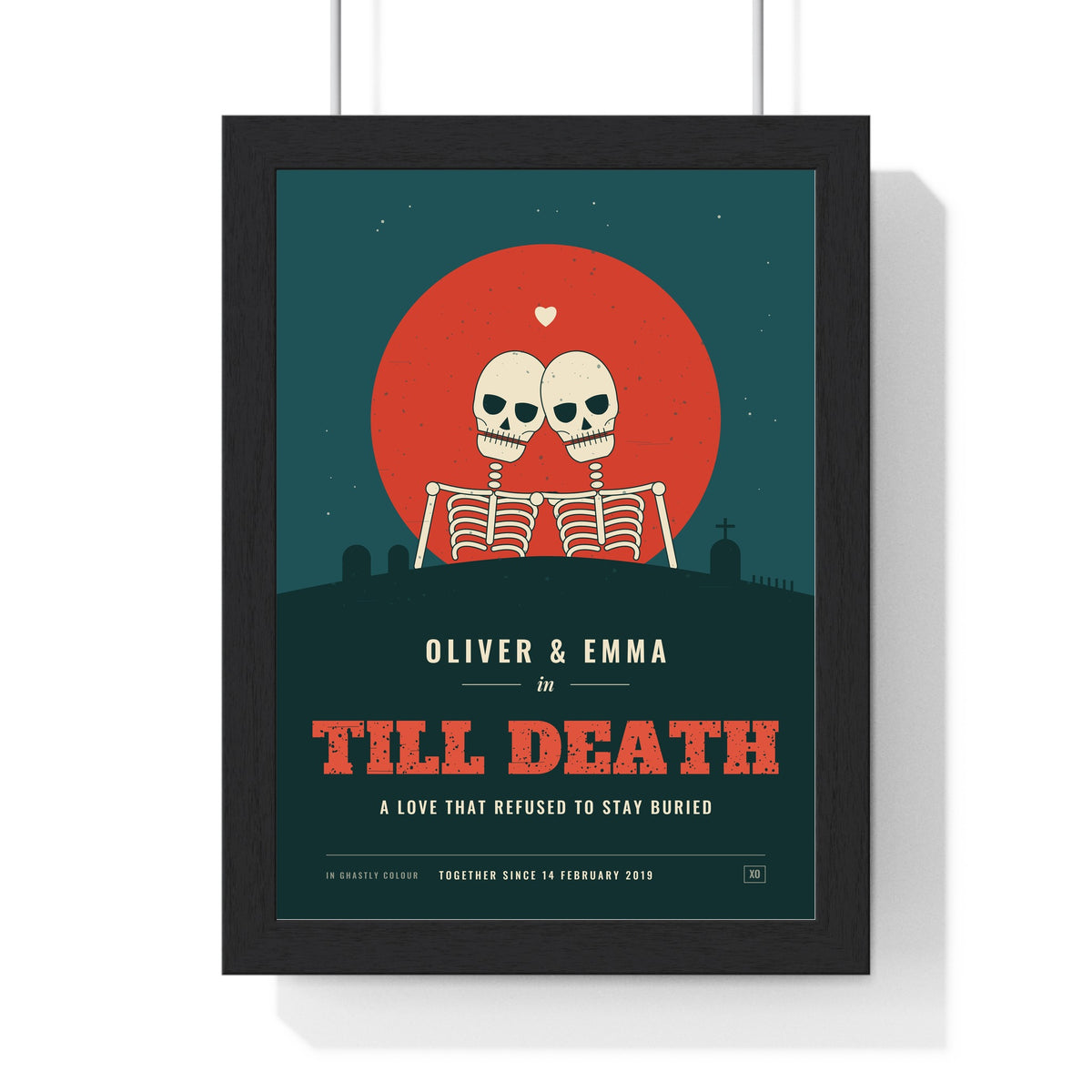 Personalised Couples Horror Movie Poster - framed personalised couples horror movie poster with two skeletons under a blood moon