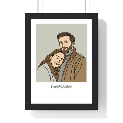 Personalised couples line portrait print in a black frame - custom line art of two people on sage with the names Carol & Richard