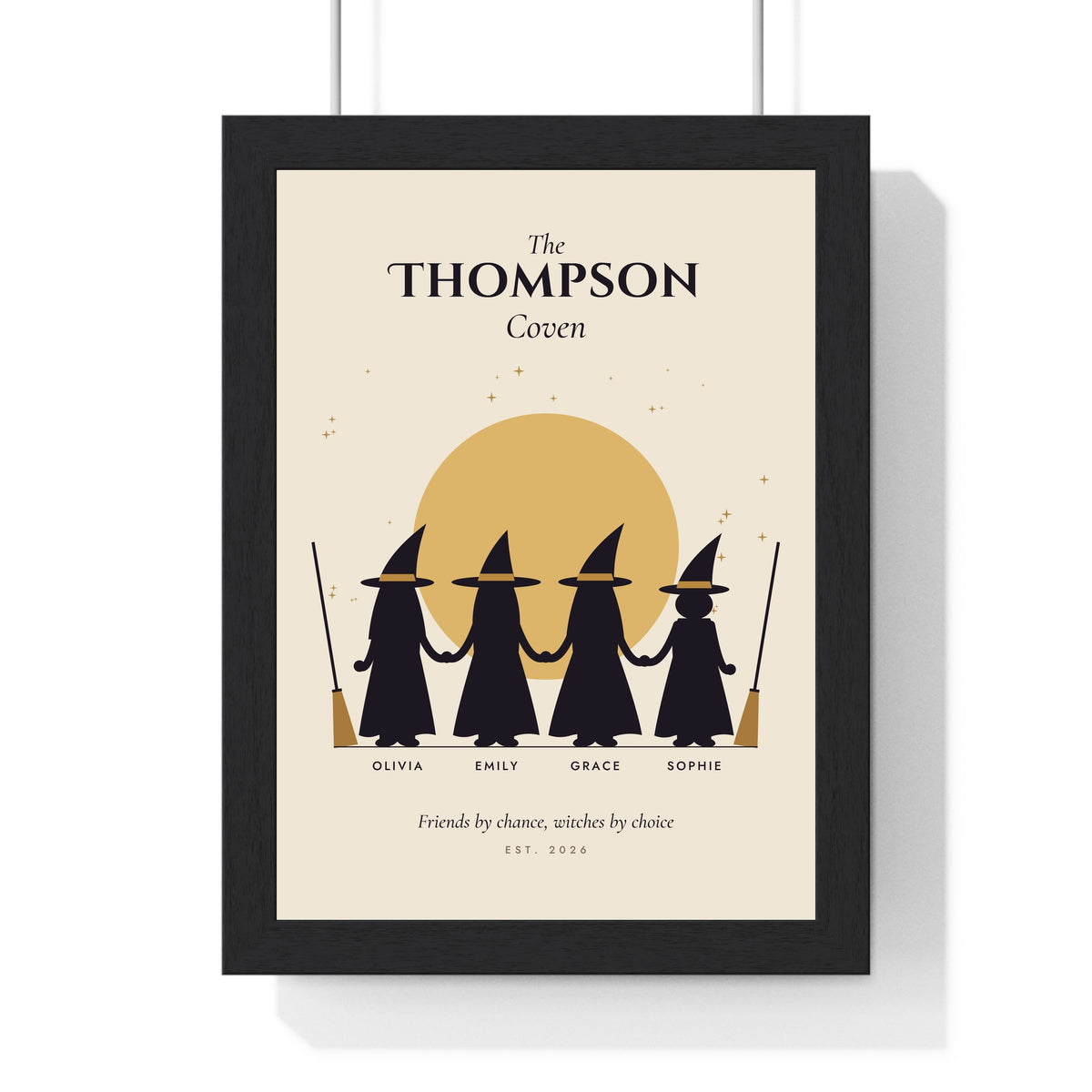 Personalised Coven Print - framed personalised coven print with four witches under a gold moon