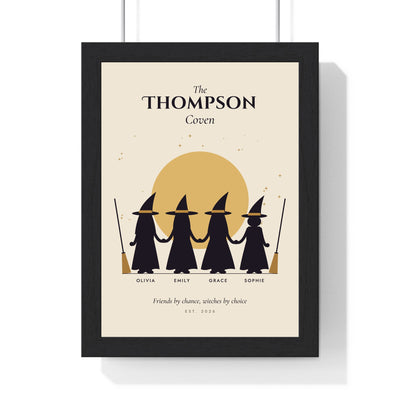 Personalised Coven Print - framed personalised coven print with four witches under a gold moon