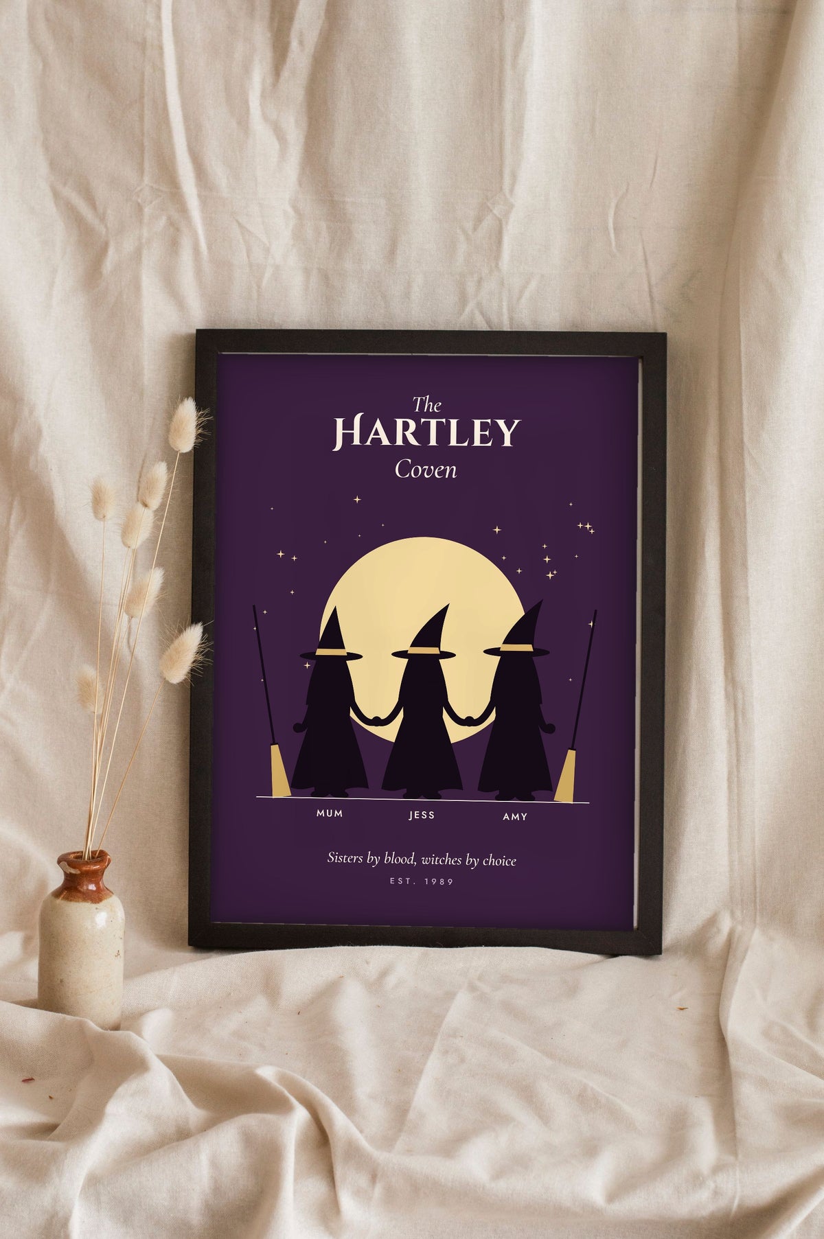 Personalised Coven Print - plum three sisters coven print leaning on a shelf