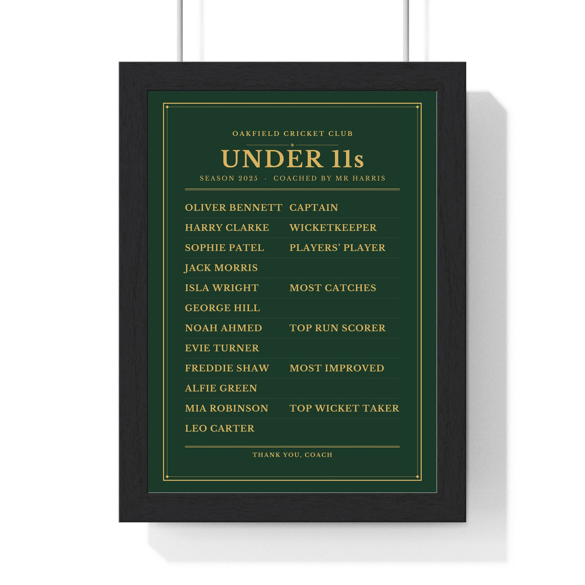 Personalised Cricket Honours Board Print - framed green team honours board