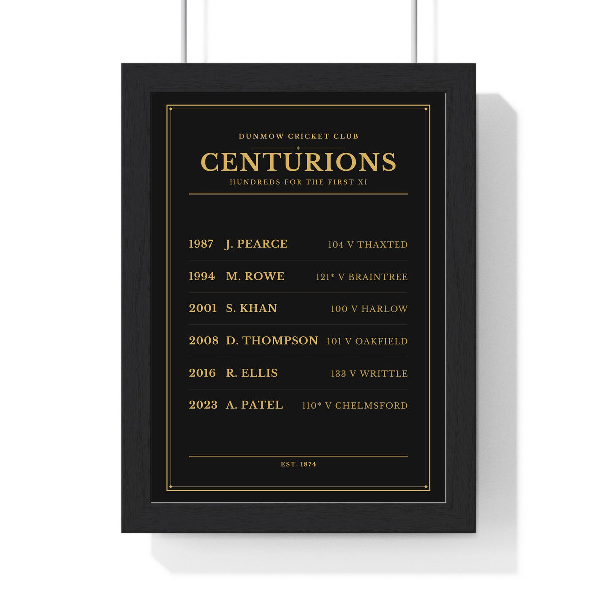 Personalised Cricket Honours Board Print - framed black centurions board