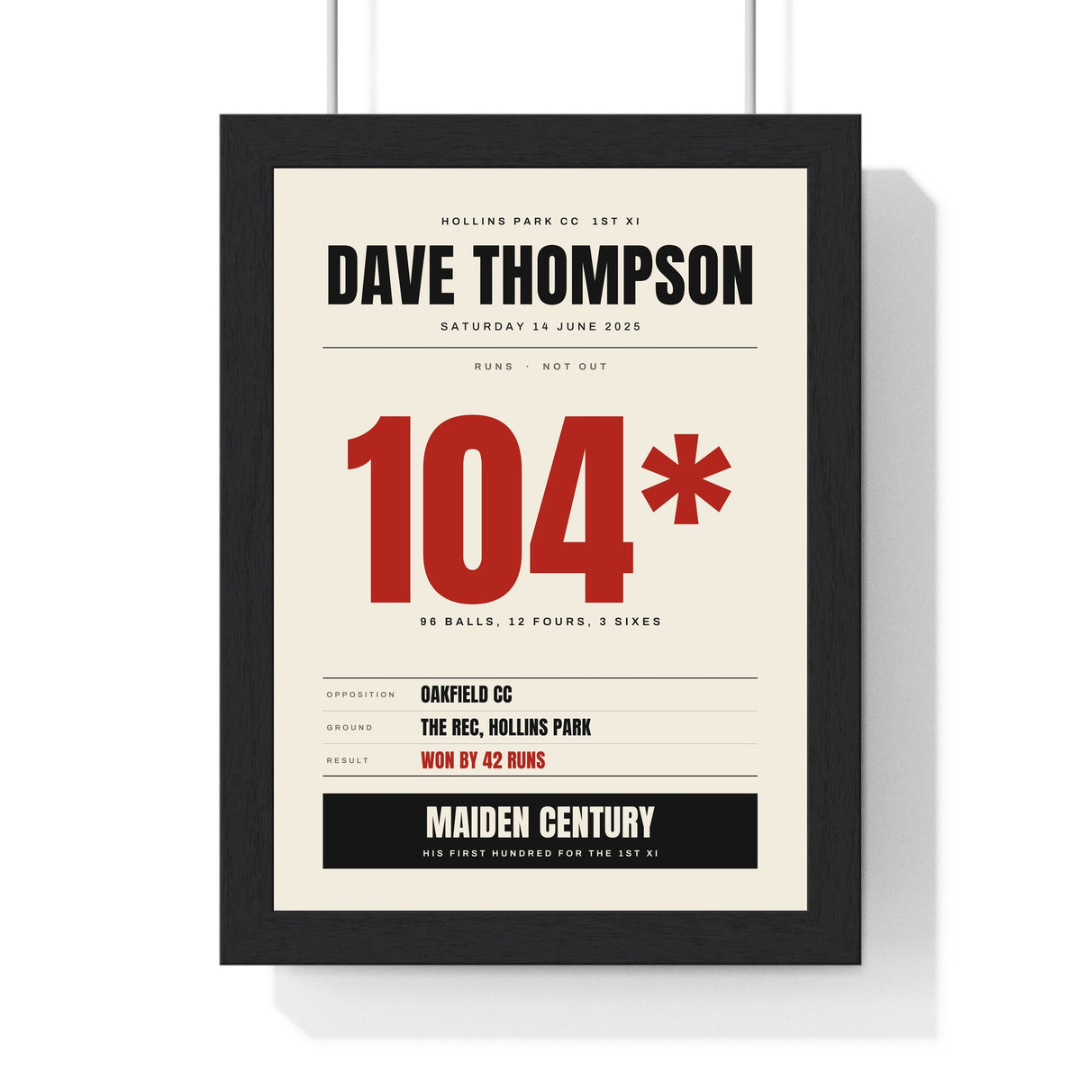 Personalised Cricket Milestone Print - framed cricket innings print, a maiden century