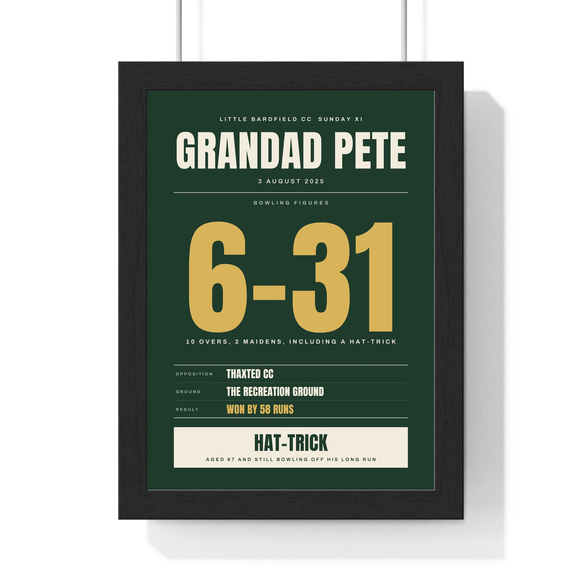 Personalised Cricket Milestone Print - framed green and gold version, six wickets