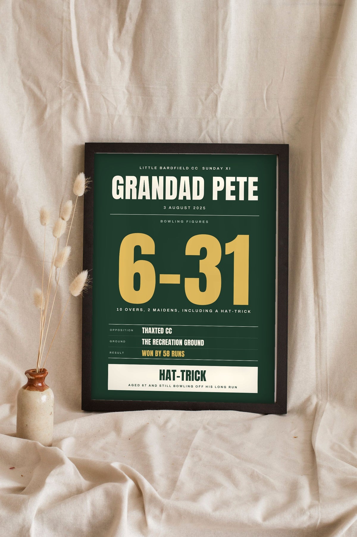 Personalised Cricket Milestone Print - pavilion green version, a hat-trick