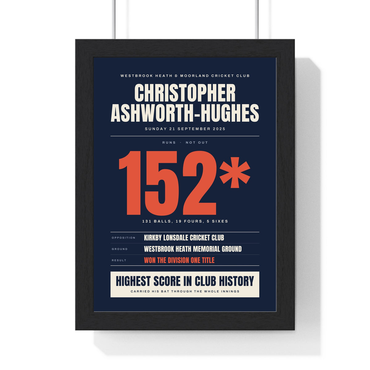 Personalised Cricket Milestone Print - framed navy version, 152 not out