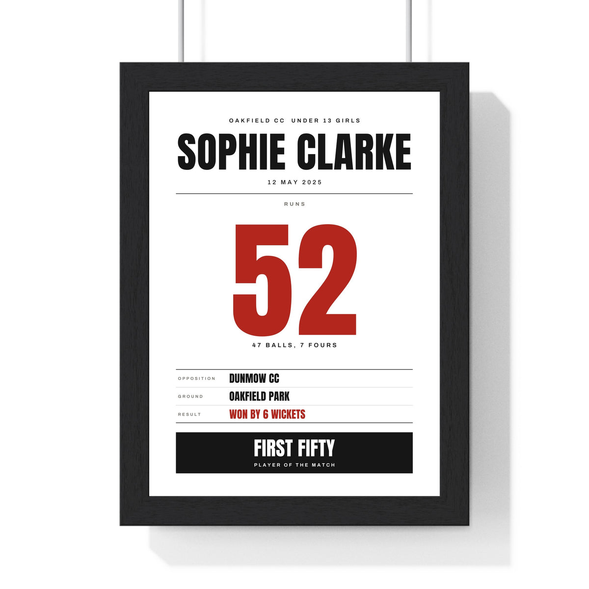 Personalised Cricket Milestone Print - framed white version, a junior first fifty