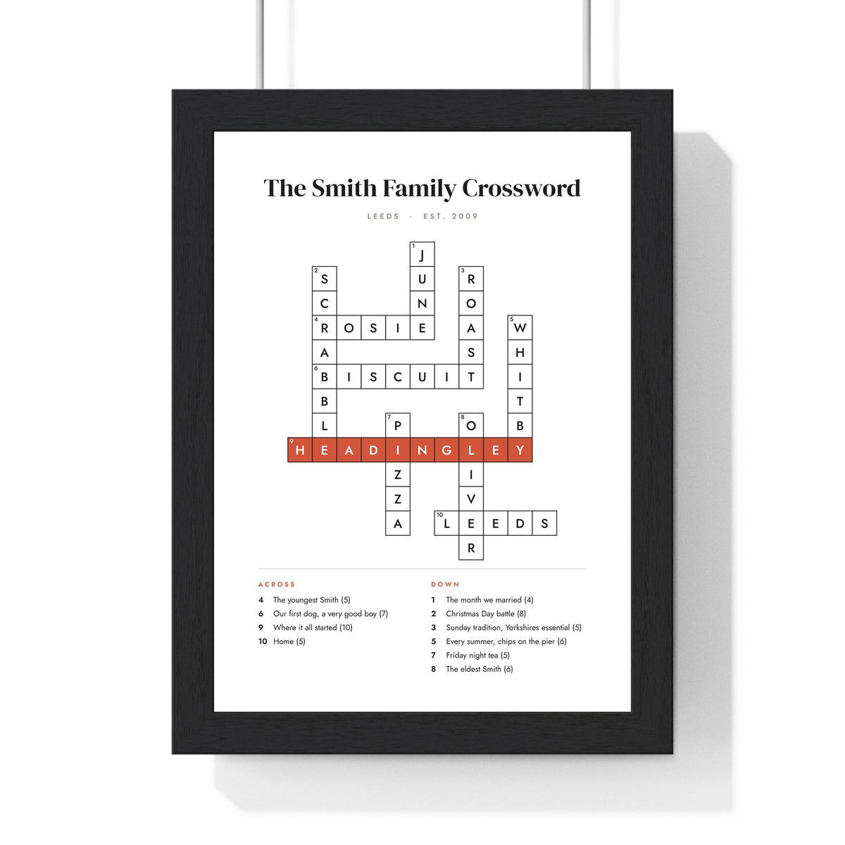 Personalised Crossword Print - framed white Smith family crossword print, solved