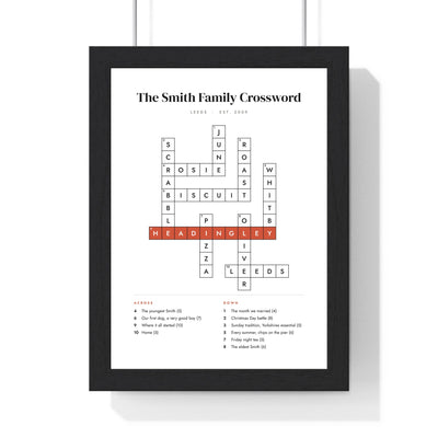 Personalised Crossword Print - framed white Smith family crossword print, solved