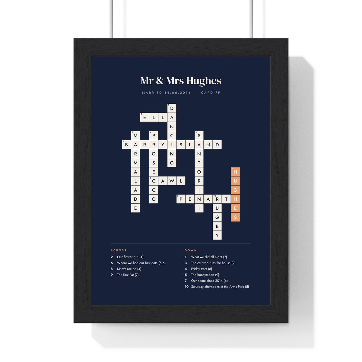 Personalised Crossword Print - framed navy version