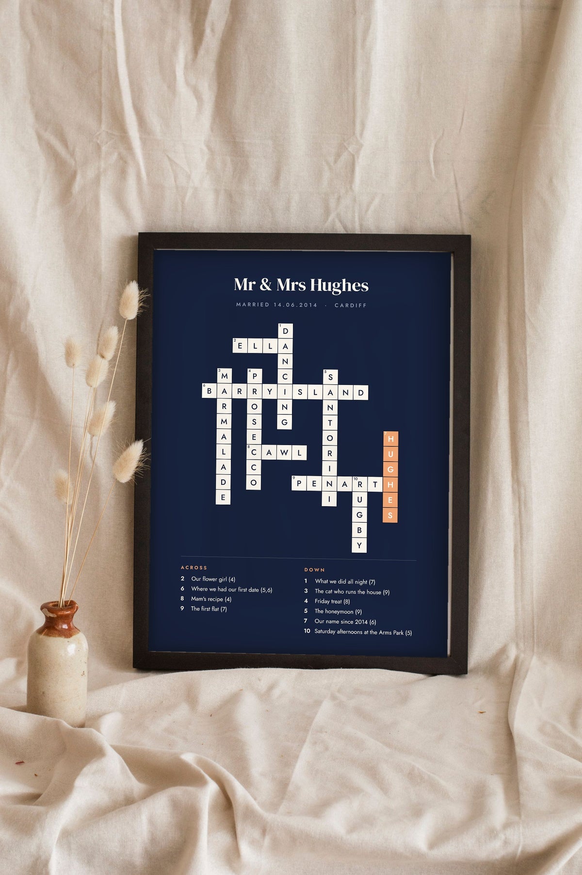Personalised Crossword Print - navy Mr and Mrs Hughes anniversary crossword