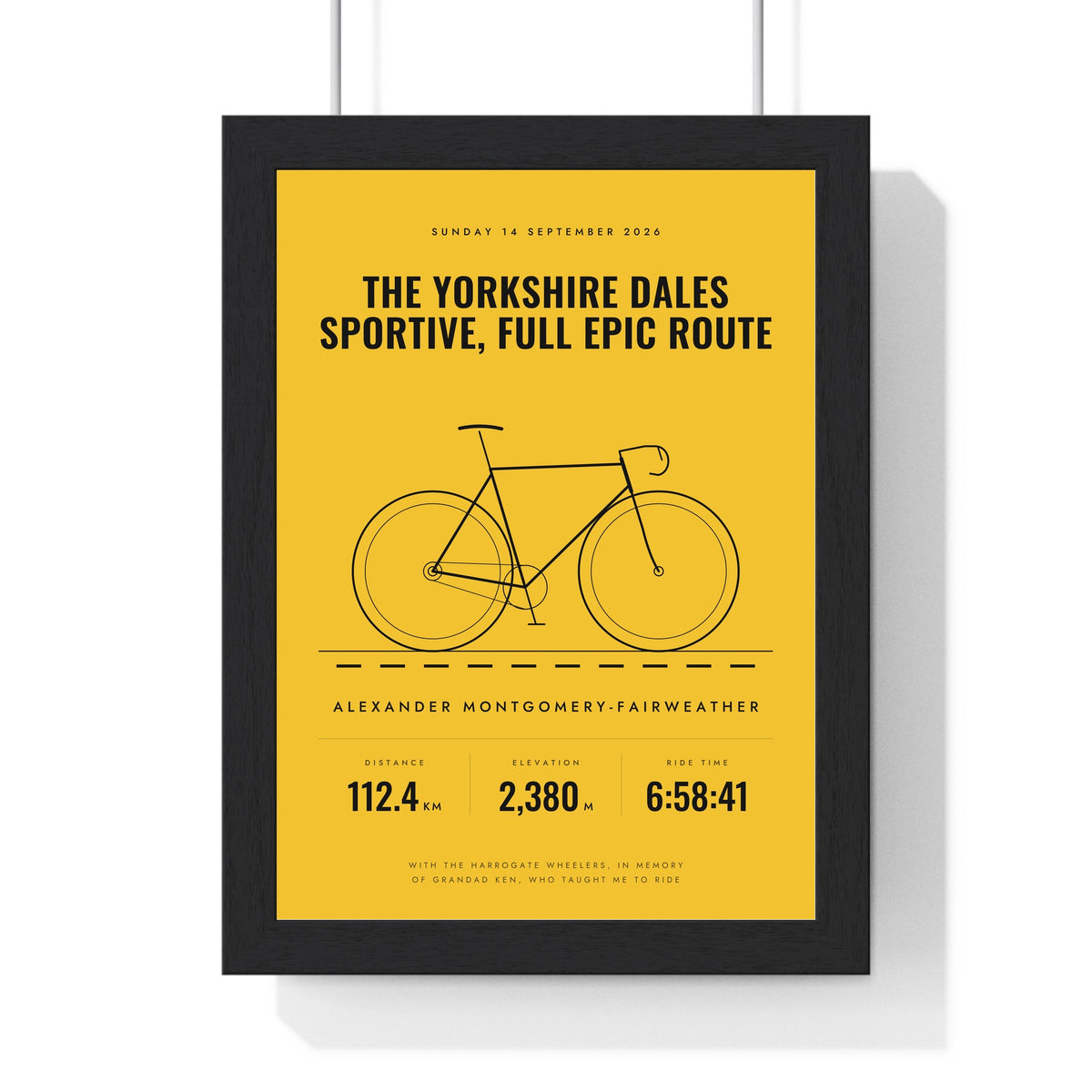 Personalised Cycling Print - framed classic yellow cycling print for a sportive