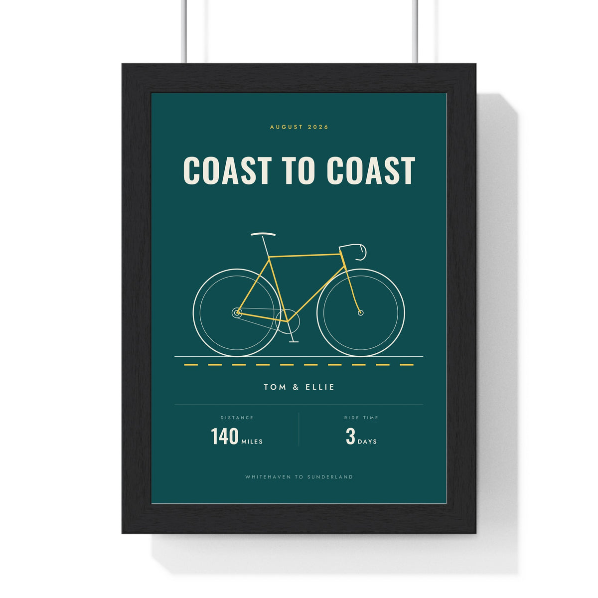 Personalised Cycling Print - framed teal cycling print, Coast to Coast